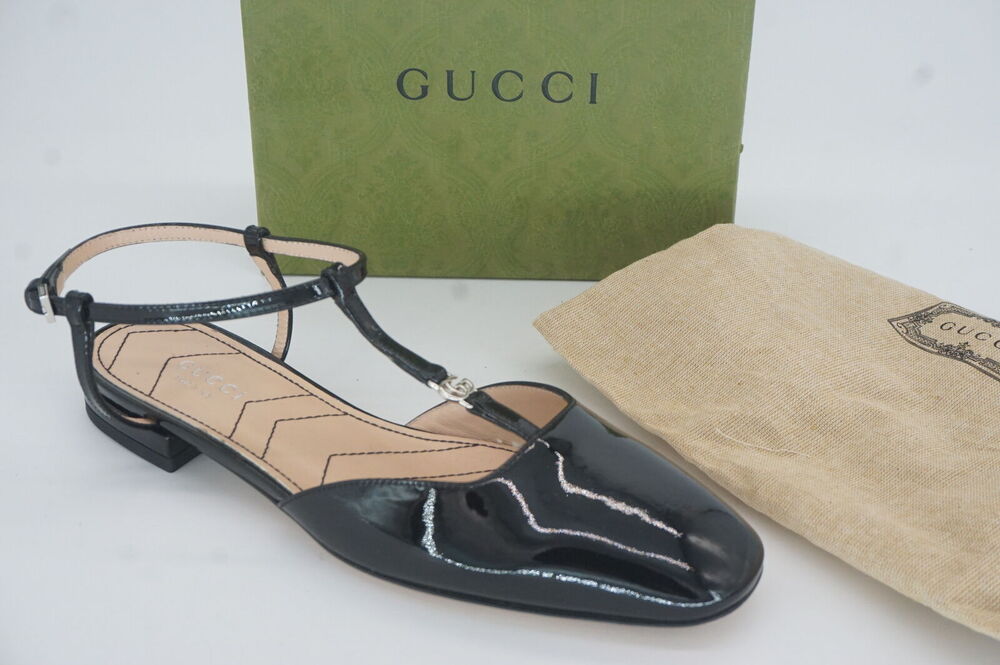 GucciBlack Patent Buckled T Strap GG Square Ballet Flat Sandals Size 36 NIB $890